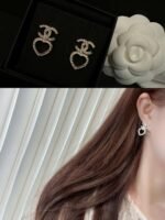 CHAN 23 Full diamond Hollowed-out heart-shaped double c stud earrings