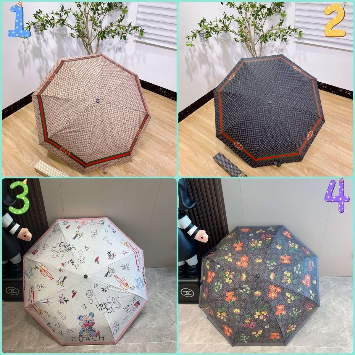 236661.jpg GUCCI fully automatic folding umbrella with black coating effectively blocks 99% of UV rays. - Image 1