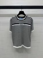 PRADA 2025 Spring and Summer Latest Striped Knitted Short Sleeve Top Wool Material T-shirt - Image 13