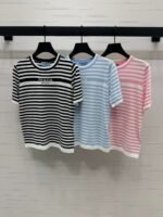 PRADA 2025 Spring and Summer Latest Striped Knitted Short Sleeve Top Wool Material T-shirt - Image 2