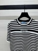 PRADA 2025 Spring and Summer Latest Striped Knitted Short Sleeve Top Wool Material T-shirt - Image 11
