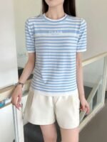 PRADA 2025 Spring and Summer Latest Striped Knitted Short Sleeve Top Wool Material T-shirt - Image 5