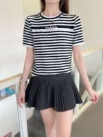PRADA 2025 Spring and Summer Latest Striped Knitted Short Sleeve Top Wool Material T-shirt