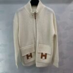 Hermès autumn and winter new mid-length cashmere knitted zipper jacket H-button patchwork leather pocket design high-quality clothing - Image 7