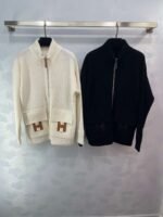 Hermès autumn and winter new mid-length cashmere knitted zipper jacket H-button patchwork leather pocket design high-quality clothing