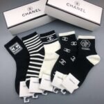 CHANEL Men’s and Women’s Same Style Socks, Pure Cotton Quality, Box of 5 Pairs - Image 3