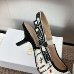 J’ADIOR letter logo ribbon bow square toe jacquard embroidered pattern high-heeled women’s sandals 33-44 - Image 8