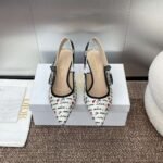 J’ADIOR letter logo ribbon bow square toe jacquard embroidered pattern high-heeled women’s sandals 33-44 - Image 5