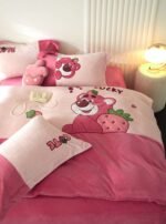 Disney Strawberry Bear Home Furnishing Four-piece Set Winter Quick-warming Fleece Fabric A Must-Have Winter Set for the Little Princess’ Room Specifications: Quilt Cover 200x230cm, Bed Sheet 250x250cm, Pillowcase: 48x74cm X2 - Image 2