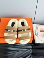 Hermès autumn and winter new Kelly fur slippers lining wool material high-end version - Image 3