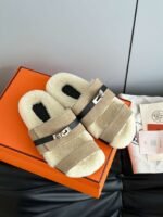 Hermès autumn and winter new Kelly fur slippers lining wool material high-end version - Image 7