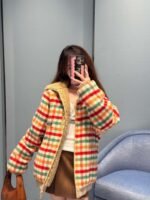 2025 Autumn and Winter Catwalk Style Colorful Plaid Lambswool Collar Jacket Premium Edition - Image 10