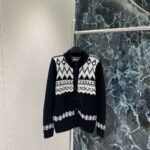 Ralph Lauren New Fall/Winter Fair Isle Jacquard Cardigan with Black and White Color Blocking and Jacquard Trim
