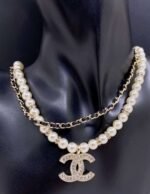 ch*nel black leather pearl double-layer necklace