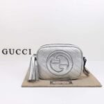 GUCCI Silver Shoulder Bag Genuine Leather 21×15.5x5cm